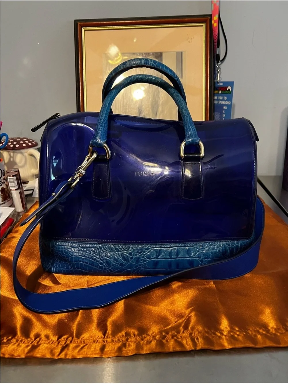Furla Patent Dome Satchel in Deep Blue with Teal Trim